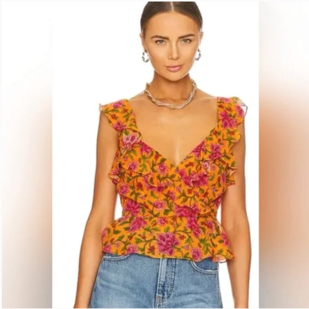 Veronica Beard Randa Ruffle Floral 100% Silk Top Orange Floral Size 2